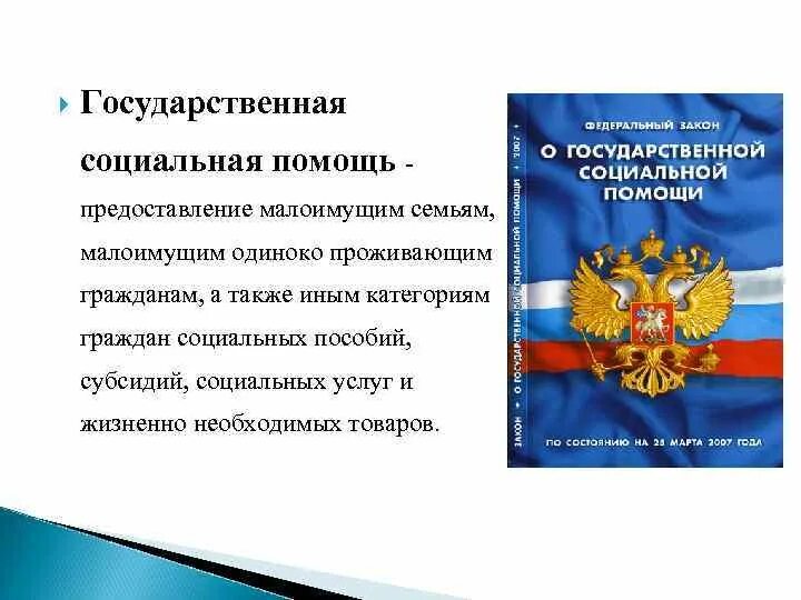 Оказание малоимущим гражданам государственной социальной помощи. Государственная социальная помощь. Законодательство о государственной социальной помощи. Социальная поддержка это ФЗ.