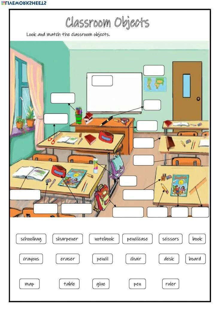 In a Classroom предметы. Worksheet на тему my Classroom. Карточки Classroom objects. Задание по англ Classroom.