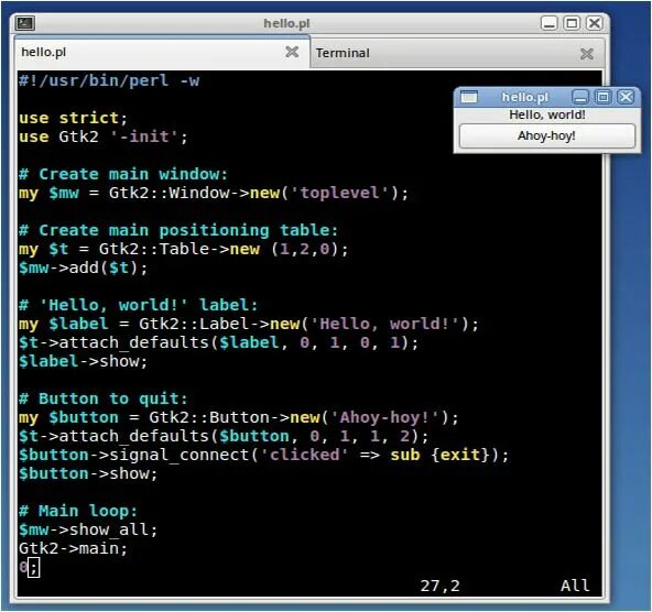 Perl hello World. Программный код hello World. Perl 5 hello World. GTK В программировании.
