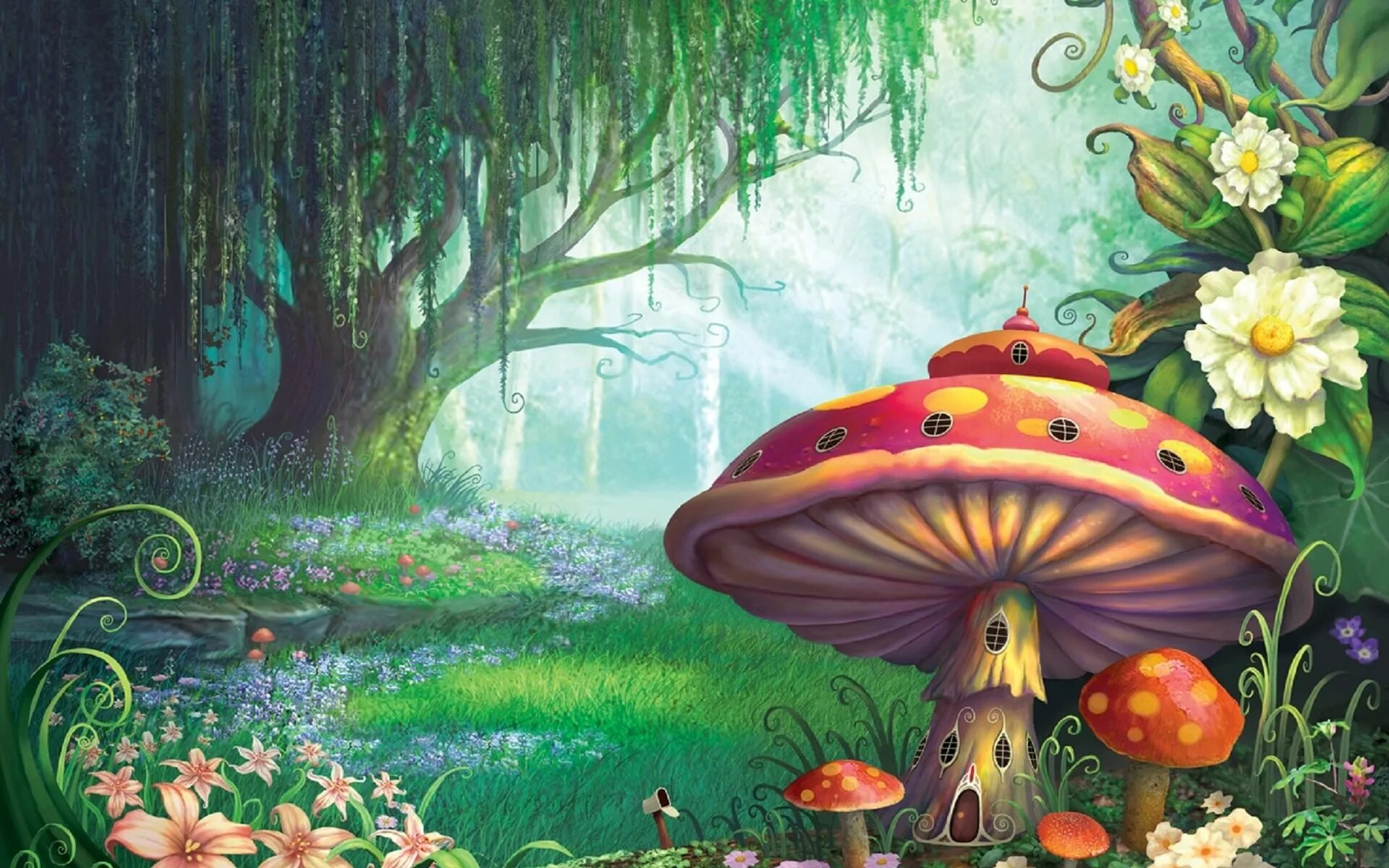 Алиса в стране загадок. Сказочный лес. Сказочные грибы. Сказочные цветы. Сказочный фон.