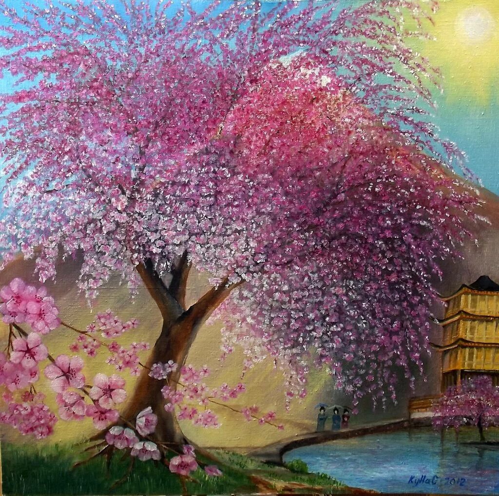 Сакура красками. Сакура живопись. Деревья в цвету живопись. Цветущие сады Сакуры живопись. Сакура масляными красками.