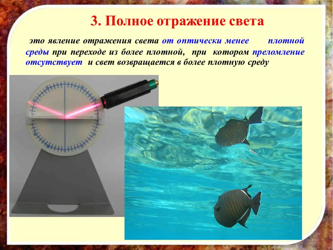 Принцип полного отражения. Физика 11 класс полное внутреннее отражение света. Полное отражение света физика 11 класс. Явление полного отражения света. Полное внутреннее отражение в природе.