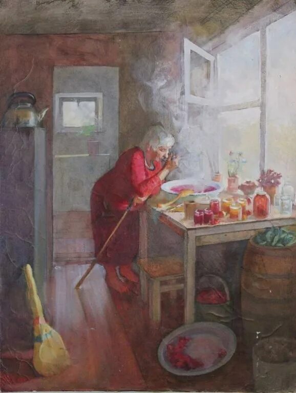 Бабушка варит. Картины на кухню. Варенье в живописи. Варка варенья в живописи.