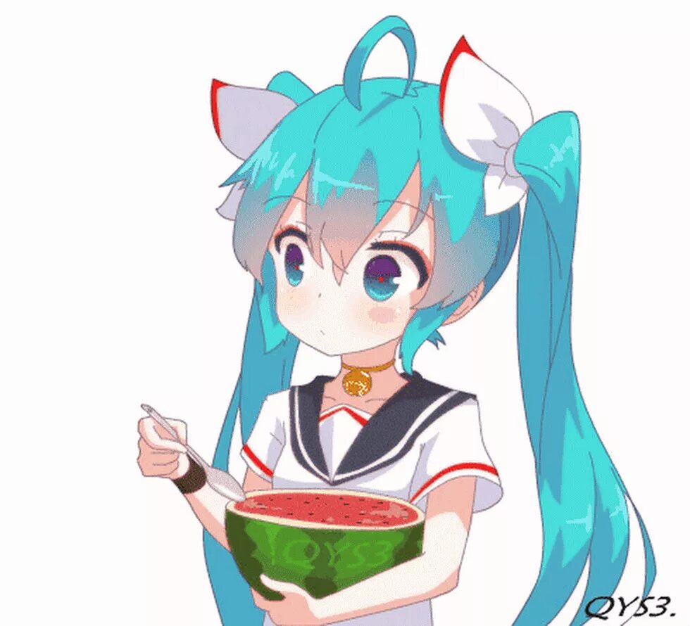 Miku gif. Хатсуне Мику с арбузом. Хатсуне Мику гифка. Мику Хацунэ гифки.