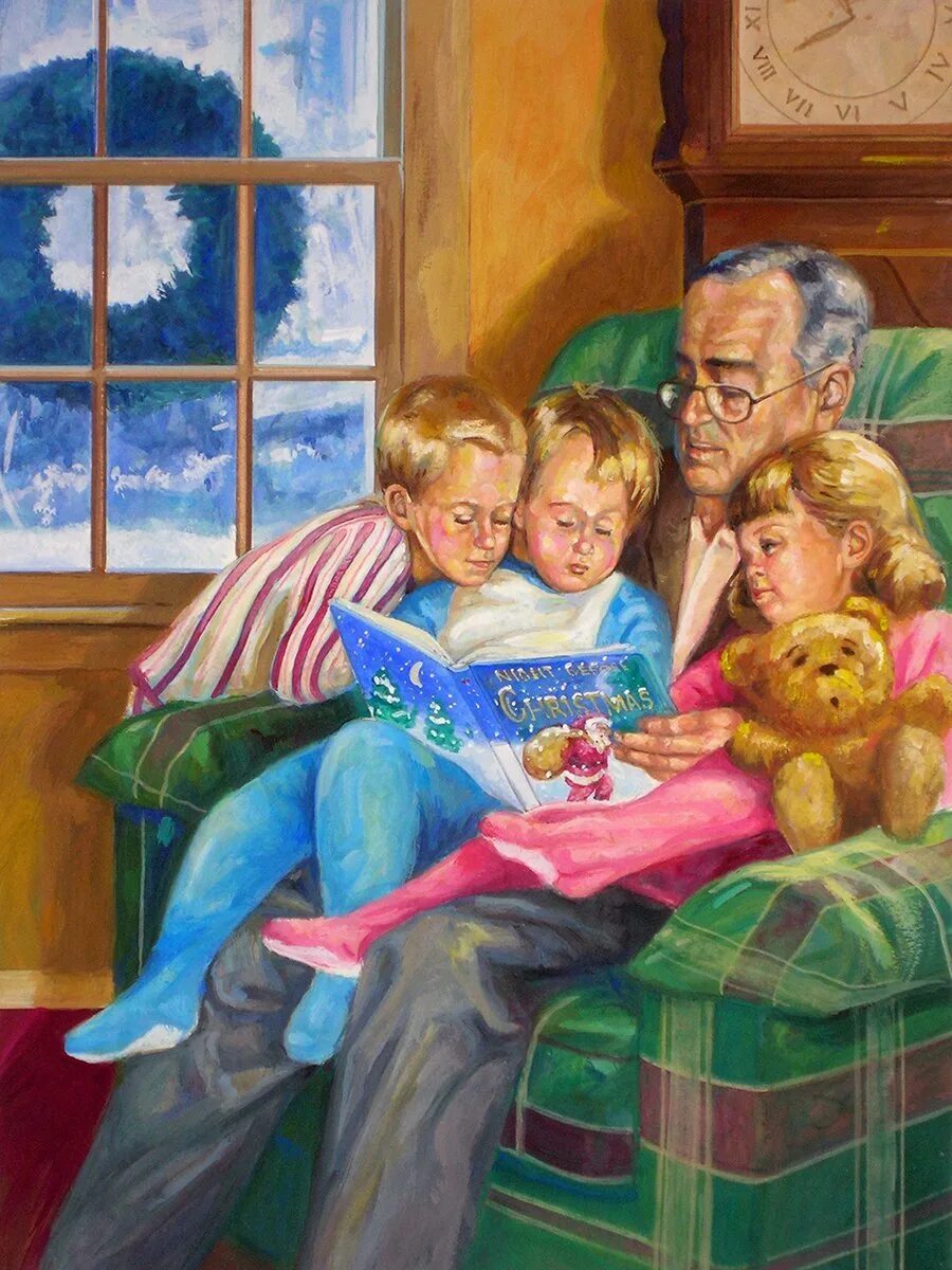 Семейное чтение. Семейное чтение в живописи. Дедушка с внуками иллюстрации. Семейный вечер картина. Дети с бабушкой и дедушкой.