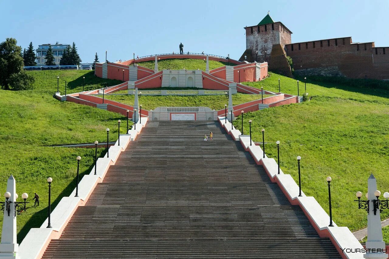 Сколько ступеней в нижнем новгороде. Нижневолжская набережная и Чкаловская лестница. Нижегородский Кремль Чкаловская лестница. Чкаловская лестница Нижний Новгород. Чкаловская лестница памятник Чкалову.