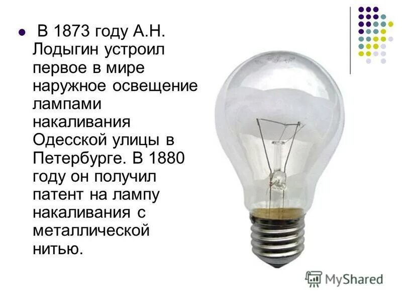 Качество света лампы накаливания. 1873 Лодыгин лампочка. Изобретение лампы накаливания. Вывод лампы накаливания. Лодыгин изобретатель лампы накаливания.