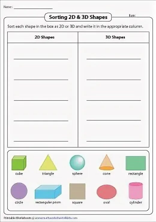Sorting shapes. 2d and 3d shapes worksheet. indented shaped sheet.