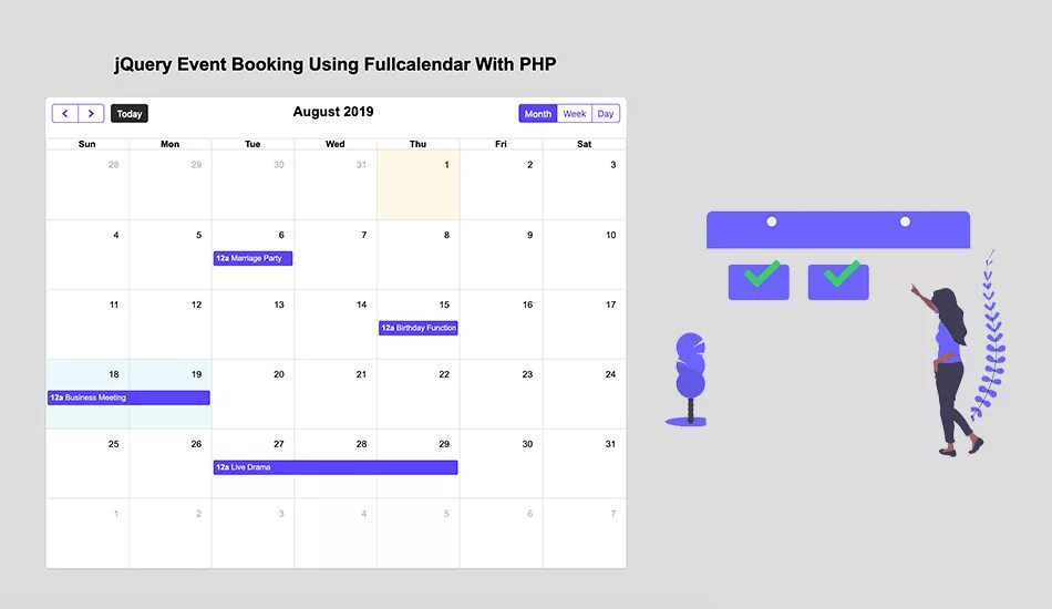 Jquery events. Разработка fullcalendar. события jquery. объект события jquery. php поддержка календарь.