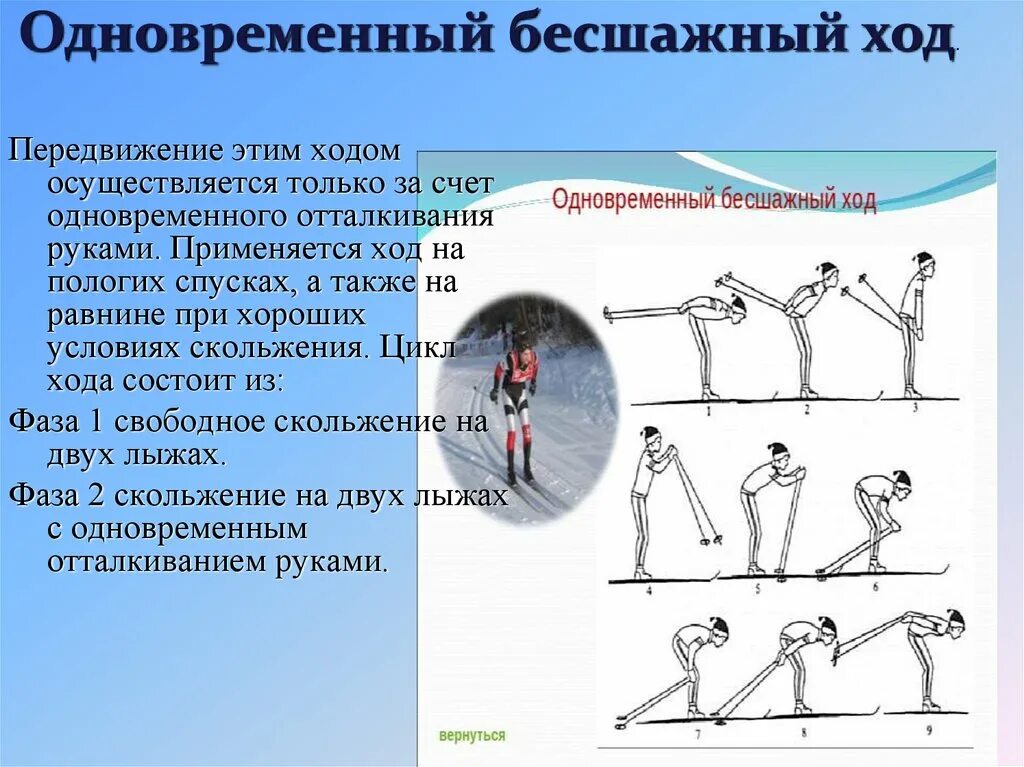 Реферат по физкультуре на тему лыжные ходы. Техника одновременного бесшажного хода. Одновременного бесшажного хода на лыжах. Одновременный бесшажный ход на лыжах. Техника выполнения одновременного бесшажного хода.