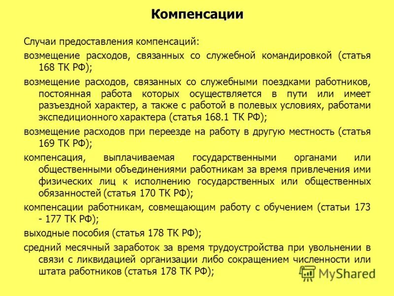 Расчет компенсации расходов