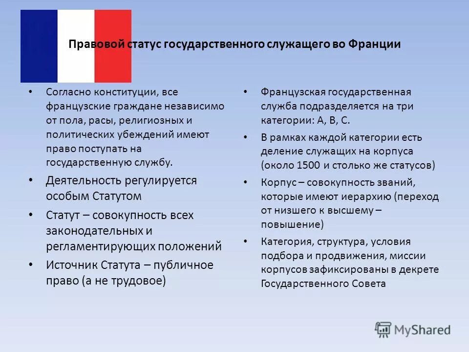 Сравнение прав и обязанностей. Государственная и муниципальная служба во Франции. Структура гос службы Франции. Правовая система Франции. Правовой статус личности во Франции.