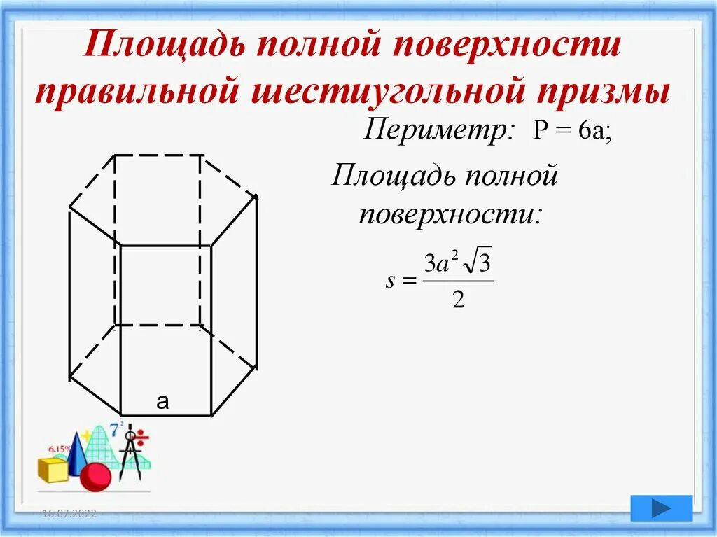 Правильная призма найти площадь полной поверхности. Формула полной поверхности правильной шестиугольной Призмы. Площадь полной поверхности шестиугольной Призмы. Площадь поверхности шестиугольной Призмы формула. Площадь прямой шестиугольной Призмы.