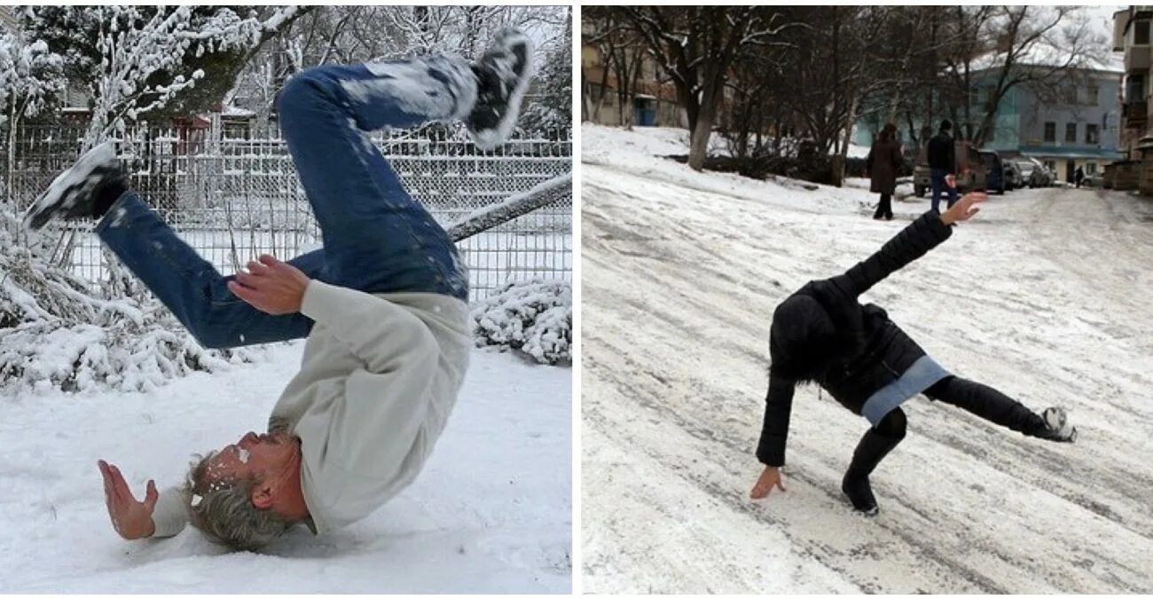 Падение. Человек падает на льду. Человек поскользнулся на льду. Гололед.