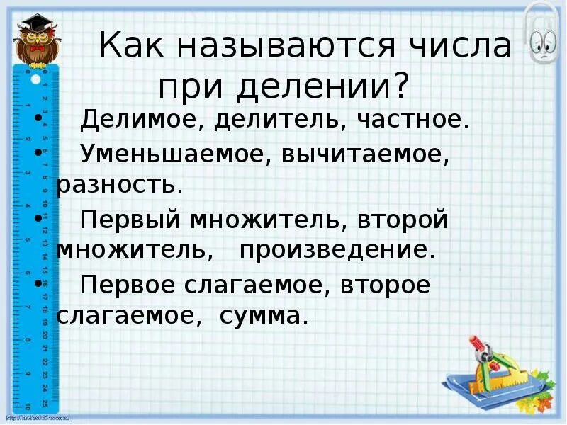 Сумма произведение множителей. Правило нахождения делителя и делимого. Сумма произведение вычитаемое. Слагаемое слагаемое сумма множитель множитель произведение. Как называются числа при делении.