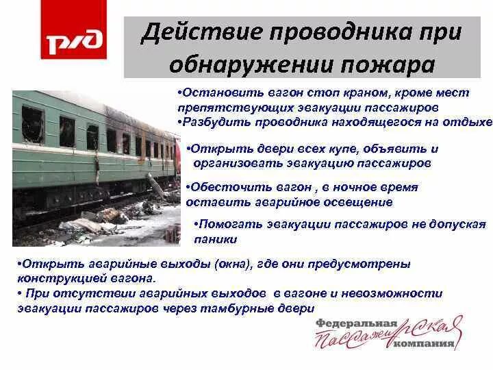 Действия проводника при пожаре в пассажирском вагоне. Действия проводника при обнаружении пожара. Действия проводников при пожаре. Действия проводника при обнаружении пожара в вагоне.