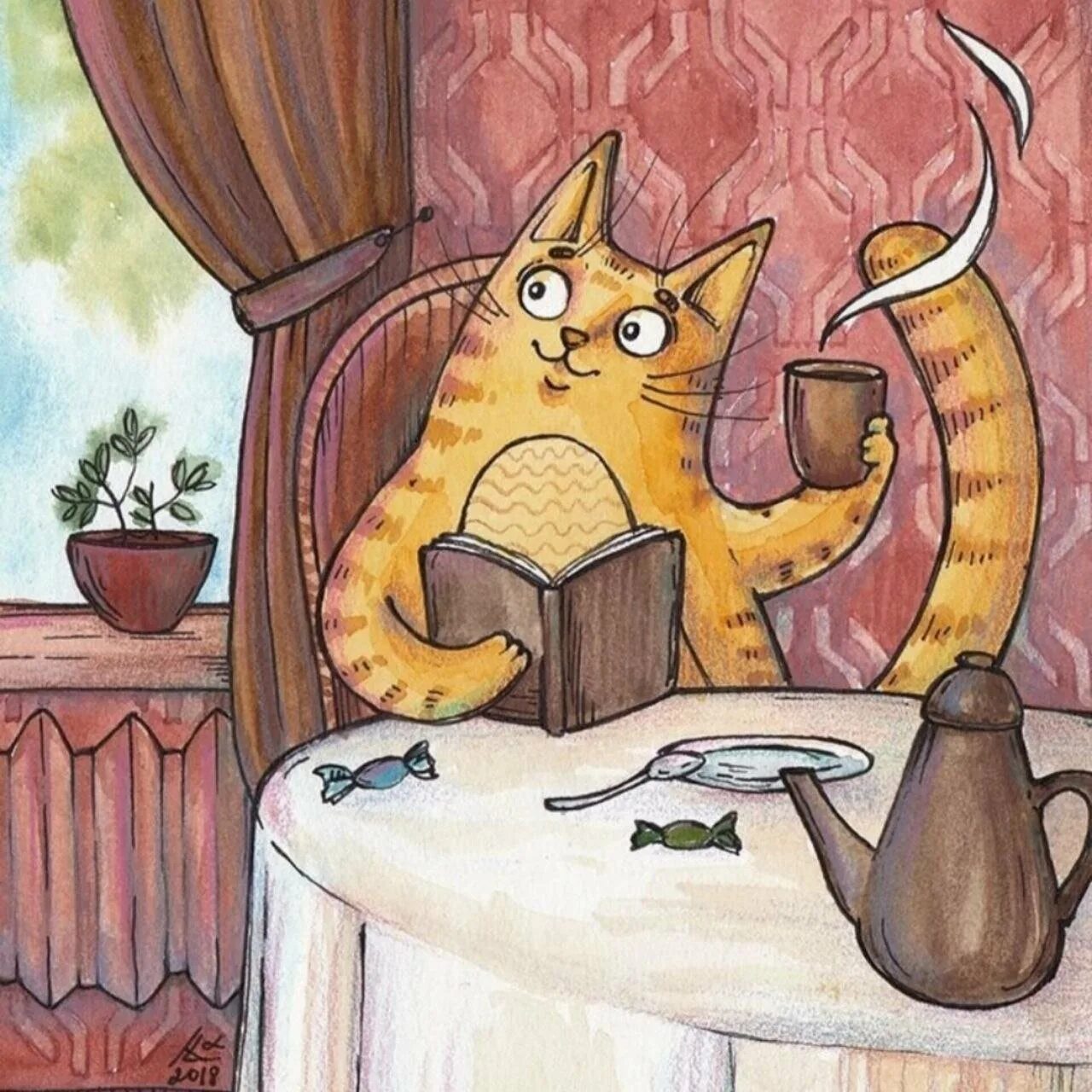 Рисунок пьем чай. Уютные иллюстрации. Чаепитие с котом. Котик пьет чай. Уютные рисунки.