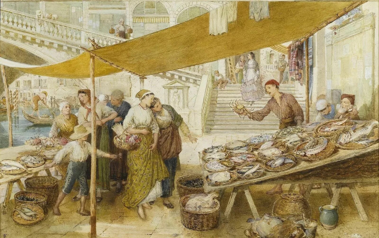 Рассказ базар. Английский художник myles Birket Foster 1825-1899. Торговые лавки 19 века в Англии. Венецианский рынок Риальто 18 век. Рынок Италия 17 век.