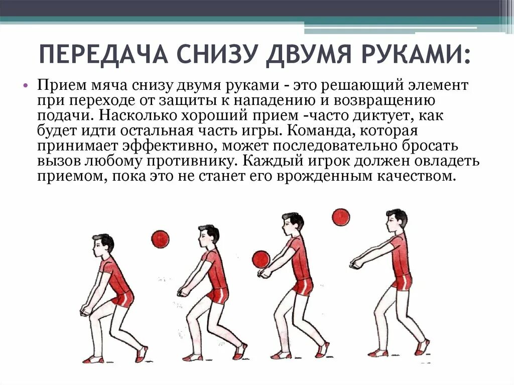 Техника выполнения нижней передачи мяча