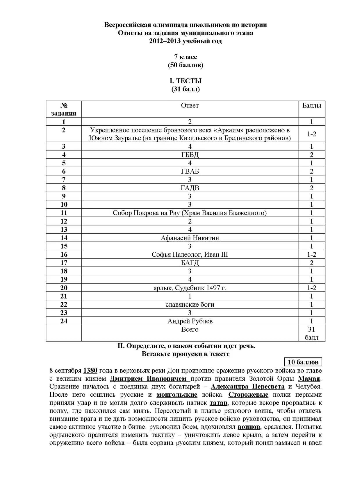 Школьный этап олимпиады по истории