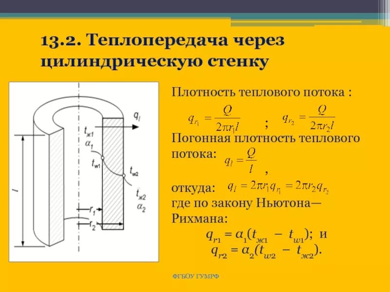 Тепловой поток через плотность теплового потока. Формула теплопроводности через цилиндрическую стенку. тепловой поток цилиндрической трубки. тепловой поток через цилиндрическую стенку формула. плотность теплового потока для цилиндрической стенки.