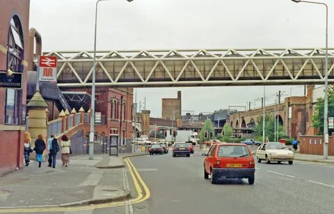 Manchester westward on Whitworth St. West at Deansgate station, 1992 geogra...