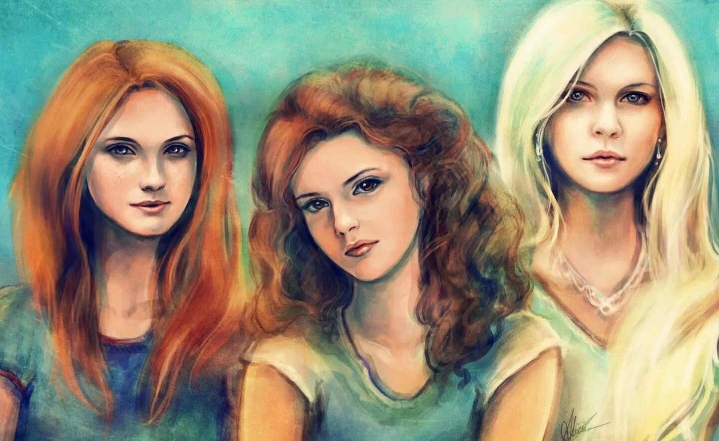 Джинни Уизли портрет. Джинни Уизли арт. Портрет двух девушек. Три подруги.