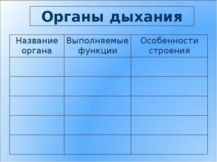 Заполните таблицу органы дыхания