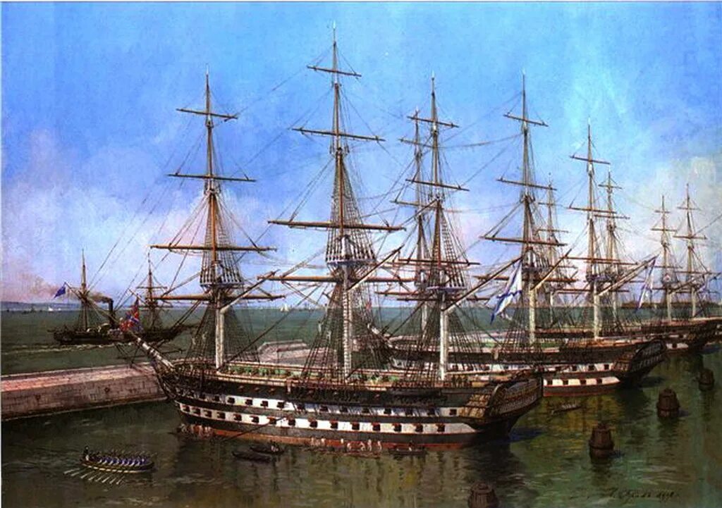 Русский корабль. 84-Пушечный корабль 'Императрица Александра'. Линейный корабль Лефорт 1835. Ягудиил линейный корабль, 1843. Парусный линкор Лефорт.