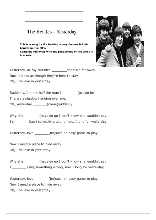 Битлз естудей текст. Yesterday beatles текст. английский по песням worksheets. beatles worksheets. past simple the beatles yesterday.