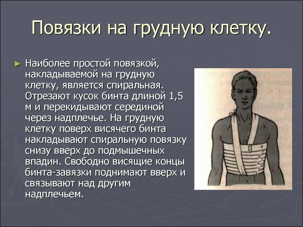 Наложение повязки на грудную клетку. Бинтовая повязка на грудную клетку. спиральная повязка на грудную клетку. циркулярная повязка на грудную клетку.