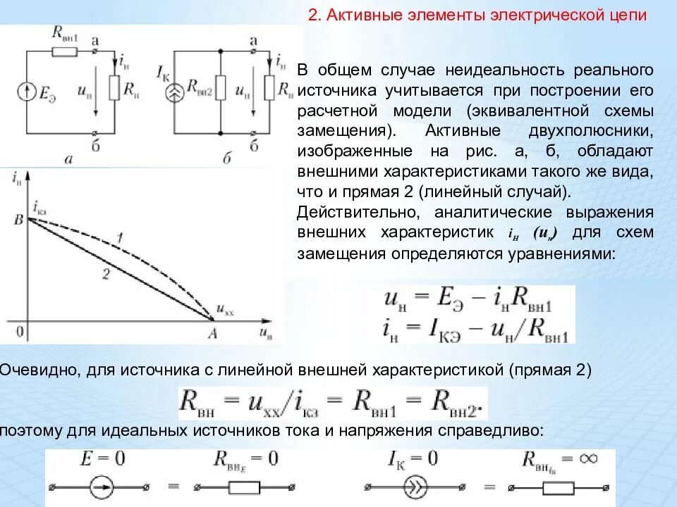 Линейные элементы цепи. Схемы замещения двухполюсников. Элементы схем замещения электрических цепей. Схема замещения активного двухполюсника. Схемы замещения активных элементов электрических цепей.