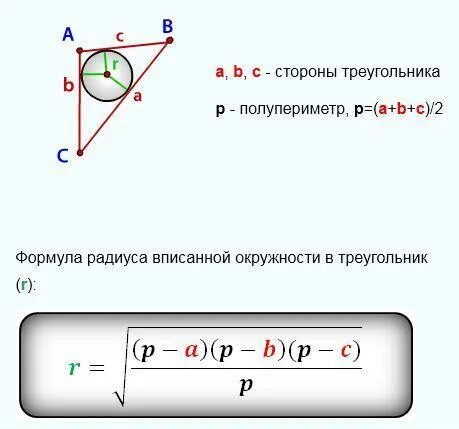 Радиус через. Площадь треугольника через радиус вписанной окружности формула. Формула треугольника через радиус вписанной окружности. Формула для поиска вписанного радиуса в треугольник. Площадь треугольника черкщ радиус впис.