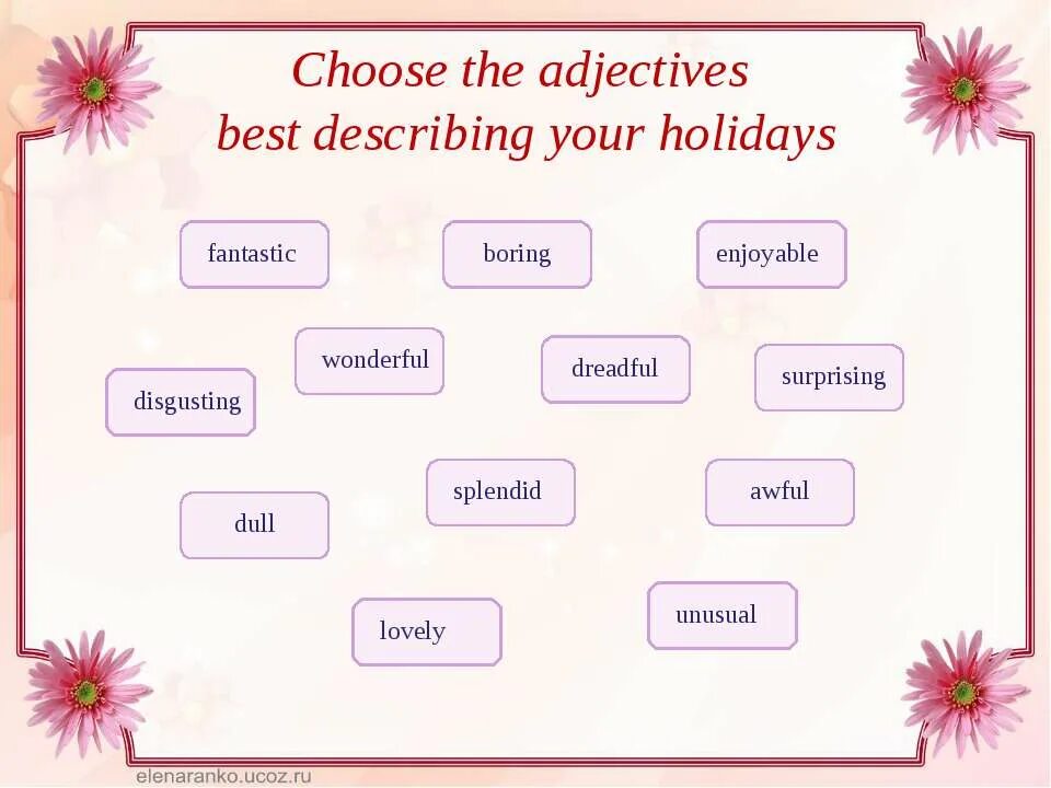 Holiday adjectives. Задания по теме летние каникулы на английском. Задания по английскому языку на тему лето. Тема каникулы на английском. Урок английского языка лето.