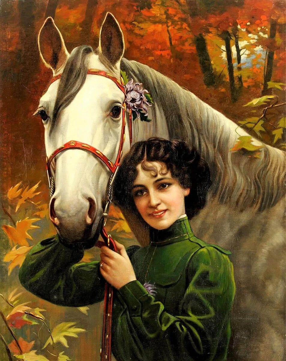 Учительница кони. Картина девушка на лошади.
