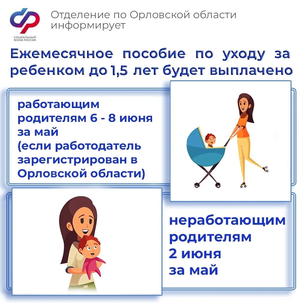 Социальный фонд России по Орловской области информирует о графике выплат пособий