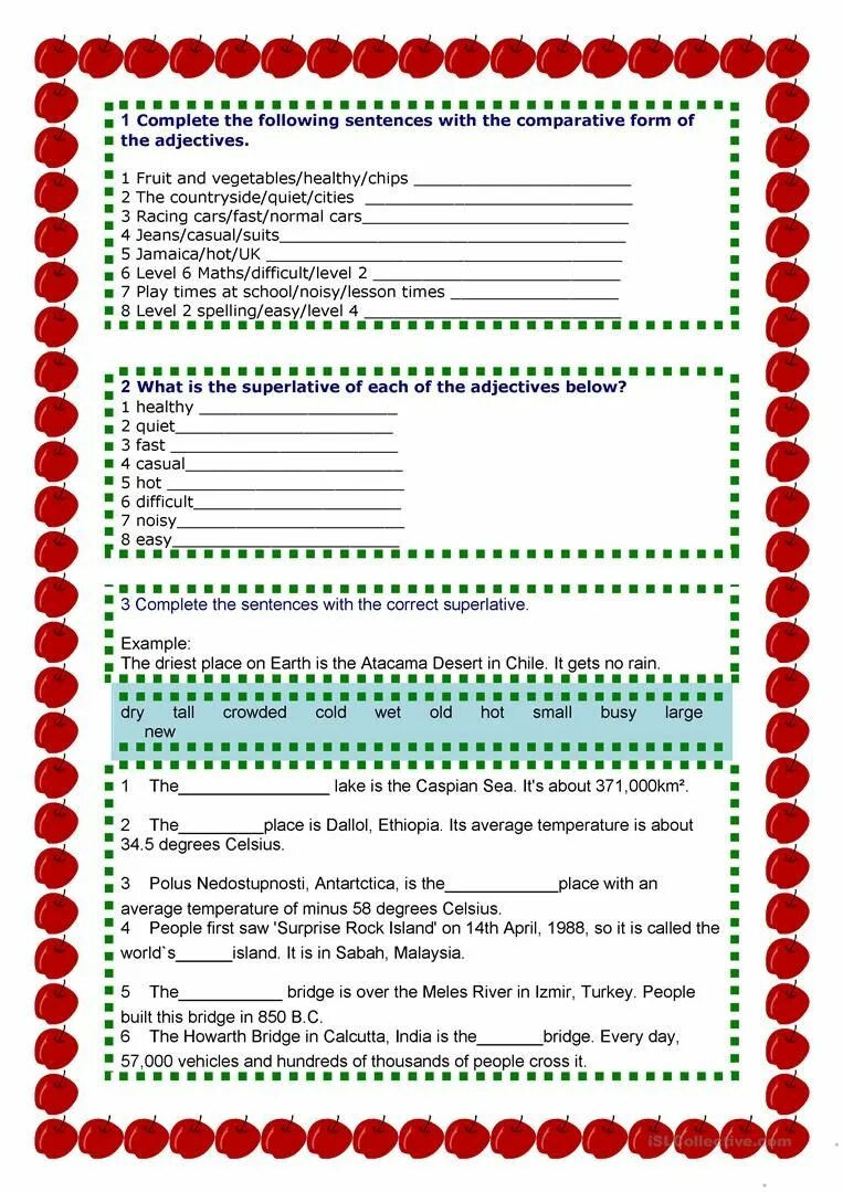 Complete the sentences with the comparative form. Superlative sentences. Comparative and Superlative adjectives sentences. Correct Superlative. Comparatives and Superlatives.