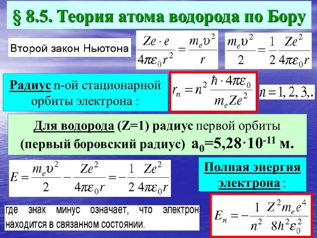 Радиус стационарных орбит. Теория Бора для атома водорода. Теория атом водоплжа по блру. Теория Бора формулы. Радиус орбиты по теории Бора.