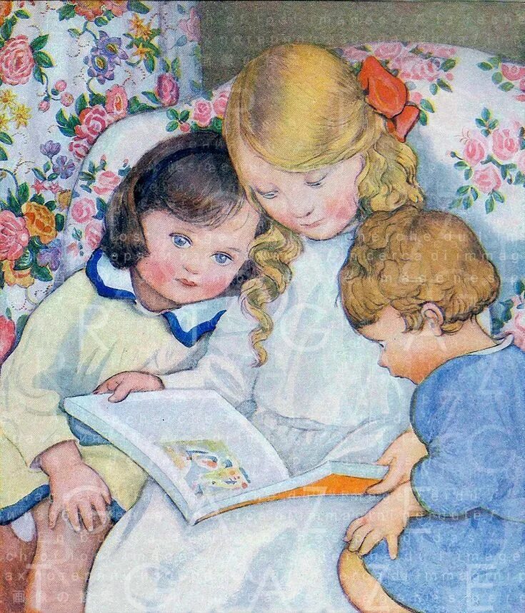 Чтение под одеялом живопись. Сестра читает сказку. Vintage book illustration. Read sister friends