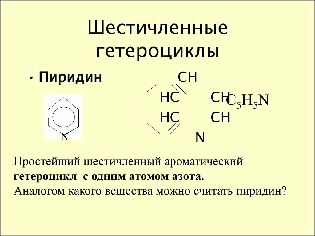 Азотсодержащие гетероциклические соединения. Ароматические азотсодержащие гетероциклы. Шестичленные гетероциклические соединения. Шестичленный гетероцикл с одним атомом азота.