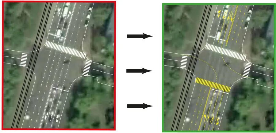 Перекресток с двумя разделительными полосами. Увеличение полос движения. Двухполосная дорога на перекрестке. Разметка сужение полосы.