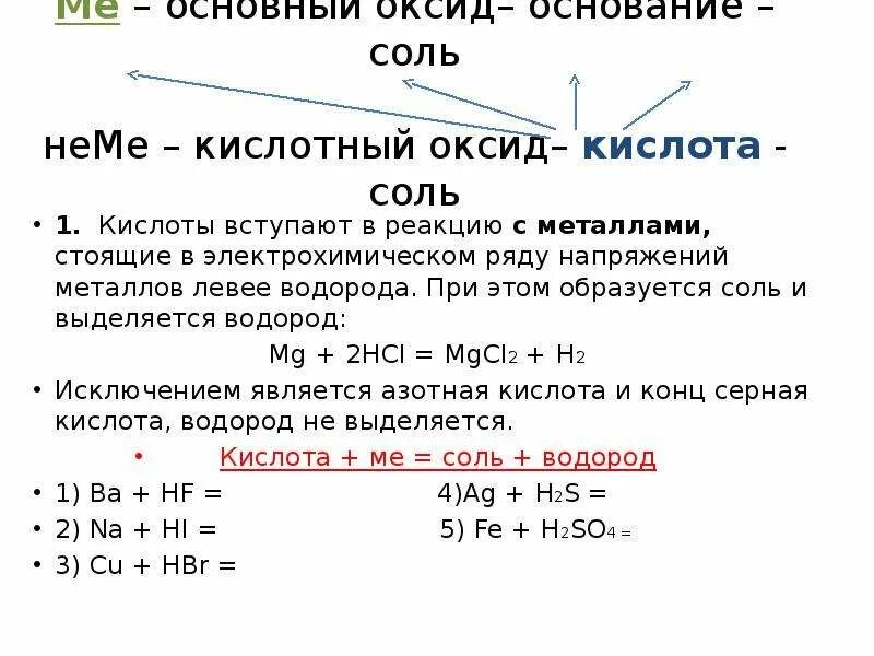 Химические свойства кислот 1 кислота металл. Металлы вступающие в реакцию с кислотами. В реакцию с соляной кислотой вступает. Соли реагируют с металлами стоящими левее. С соляной кислотой вст.