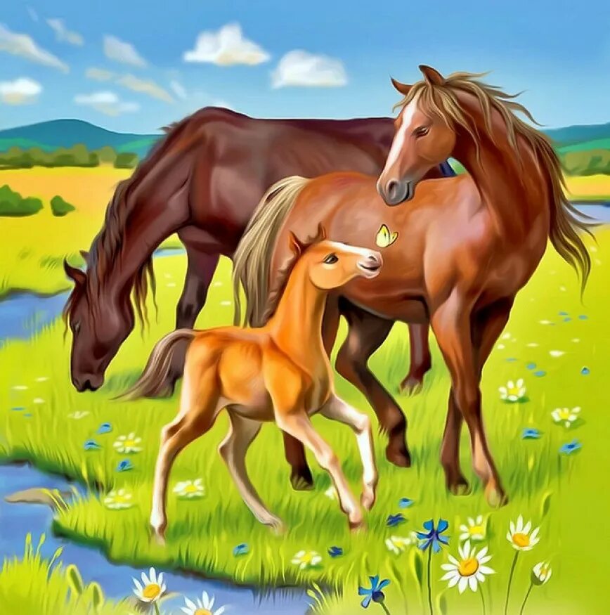 Horse family. Лошадь с жеребенком. Лошадь для детей. Конь и жеребенок. Картина "лошадь с жеребёнком".