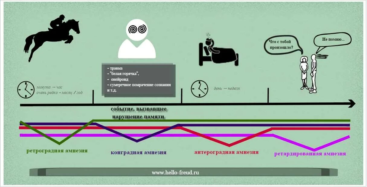 Полная потеря памяти. Ретроградная, конградная и антероградная амнезия. Виды амнезии. Прогрессирующая амнезия. Причины амнезии.
