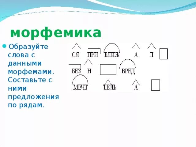Игра по теме морфемика. Морфемы слова. морфемика слова. слова с морфемикой. образуйте слова с данными морфемами составьте с ними предложения.