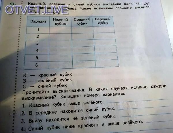 Подбери к началу каждой фразы соответствующее продолжение. В каких случаях истинно каждое высказывание. Красный зелёный и синий кубики поставили один на другой. Красно зеленые и синие кубики поставили 1 на другого заполни таблицу. Красный зеленый и синий кубики поставили.