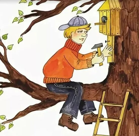 Сделай повесь. Мальчик на дереве. Мальчик мастерит скворечник. Спиленное дерево для дошкольников.
