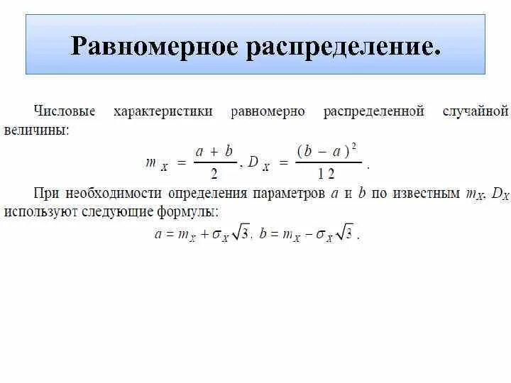 Метод случайного распределения. Равномерное распределение случайной величины. Равномерное распределение и его числовые характеристики. Характеристики равномерного распределения случайной величины. Функция распределения равномерной случайной величины.