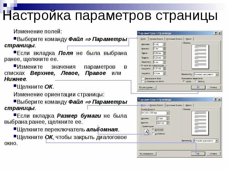 Настройка полей. Параметры страницы. Параметры страницы документа. Диалоговое окно параметры страницы. Параметры, задаваемые для страницы.