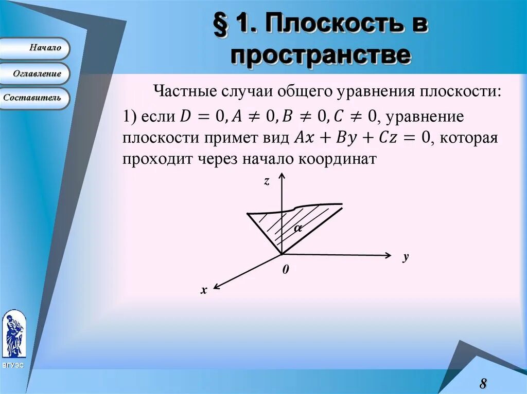 Уравнение плоскости в пространстве. Общее уравнение плоскости в пространстве. Плоскость в пространстве общее уравнение плоскости. Уравнениеп плоскости в пространстве. Плоскость проходящая через начало координат